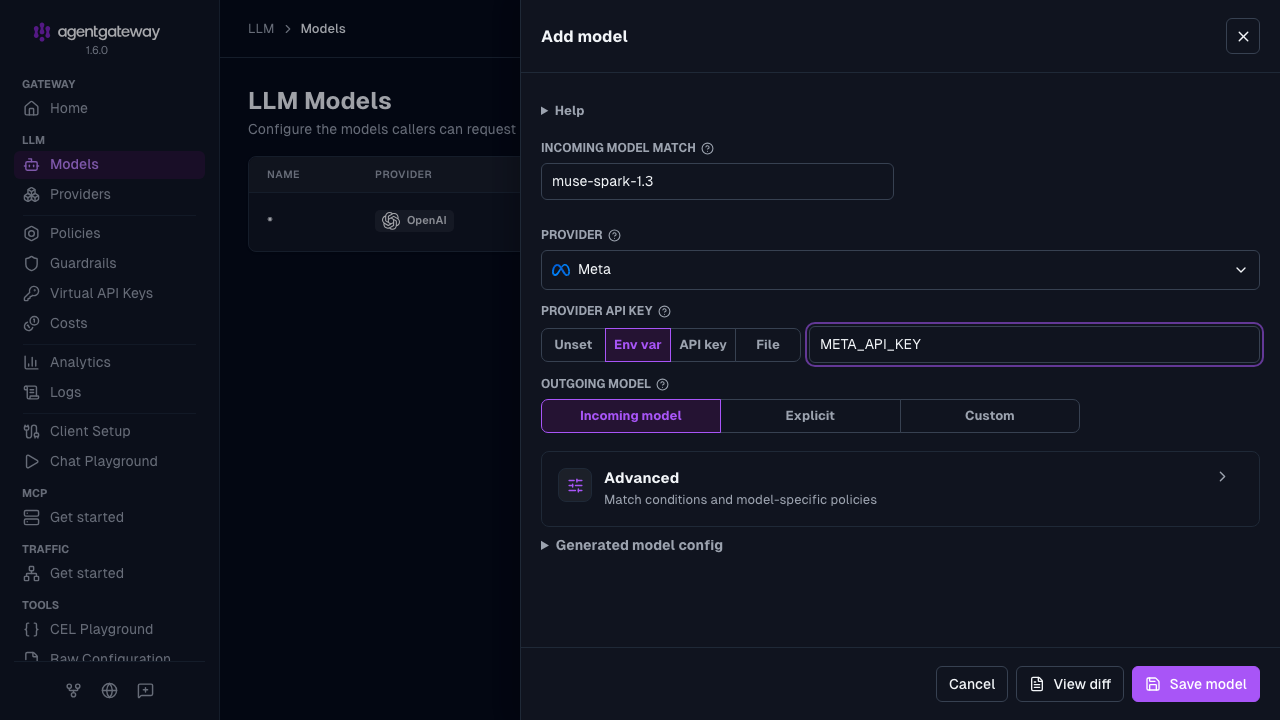 Add model form with Meta selected, muse-spark-1.3 as the incoming model match, and META_API_KEY as the credential environment variable